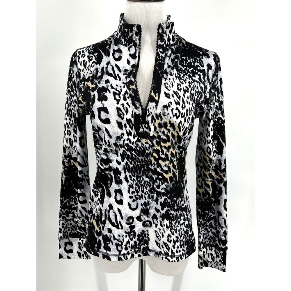 NWOT Golf Shirt Kevan Hall Size Small Sport 1/4 Zip Leopard Black Top USA